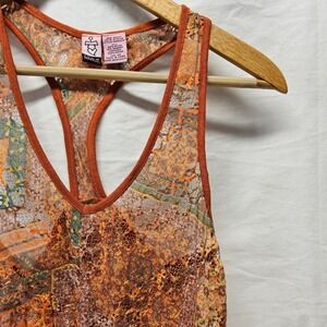 Love on a Hanger Racerback Tank Top Womens XS Orange Boho Patchwork Sheer Lace